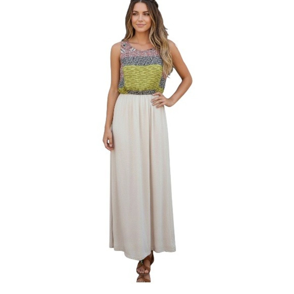 MADE‎ for Impulse Womens Boho Mixed Print Cutout Maxi Dress L Cream Geometric